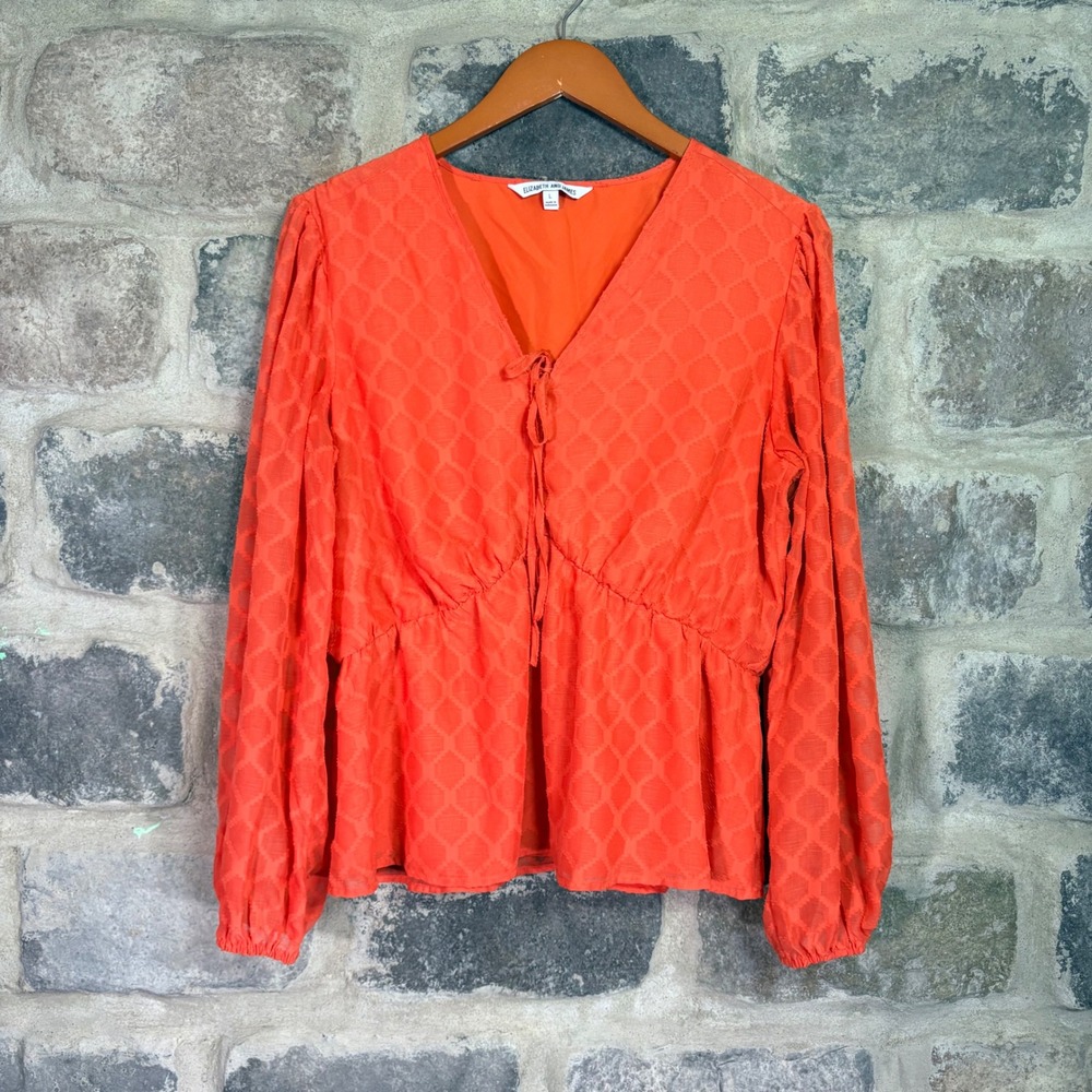Elizabeth and James Womens V-Neck Tie Front Peplum Blouse Latin Orange L Boho